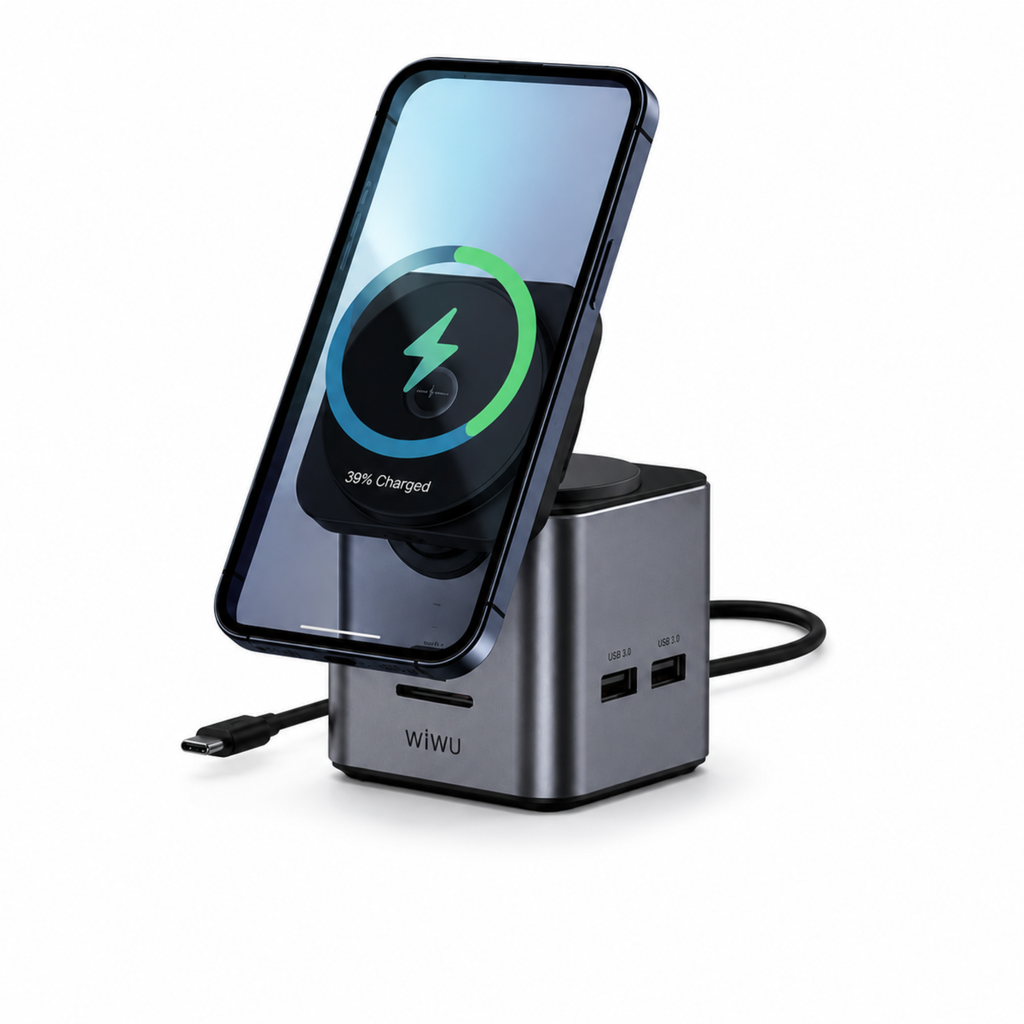 WiWU Cube Hub 9-in-1 USB-C Docking Station with Wireless Charging & 100W PD Fast Charging