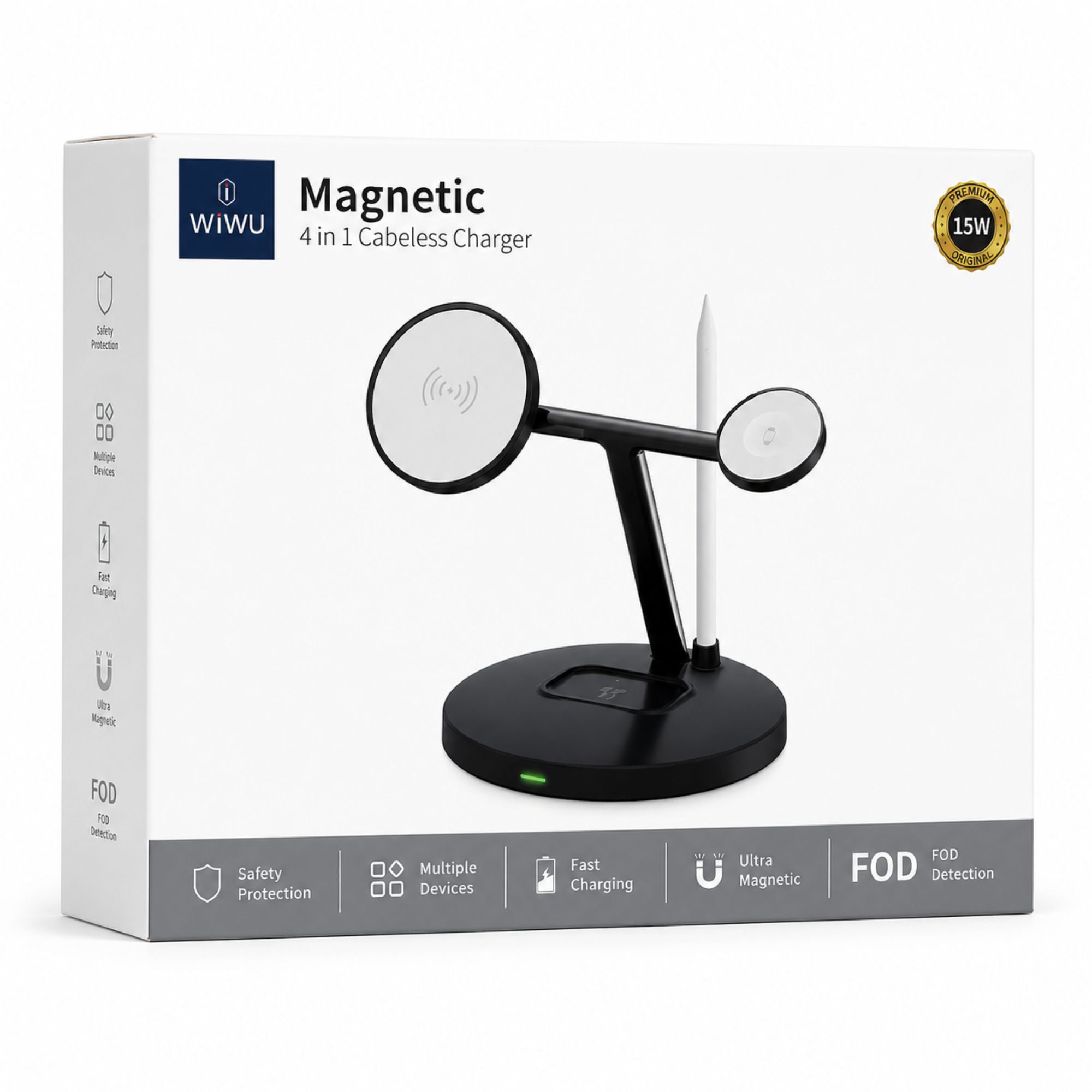 WiWU Magnetic 4-in-1 Wireless Charging Station – 15W Fast Charger for iPhone, Apple Watch, AirPods & Stylus