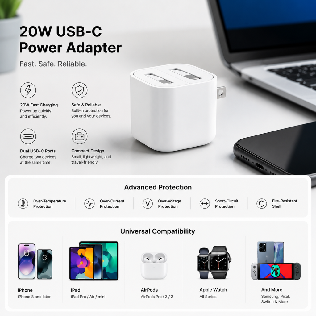Apple 20W USB-C Fast Charging Power Adapter | Compact Wall Charger for iPhone & iPad
