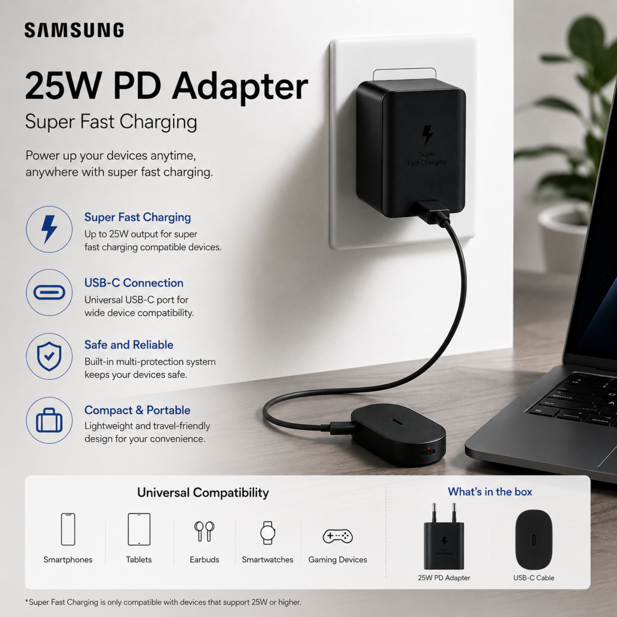 Samsung 25W USB-C Super Fast Charging PD Adapter – Compact Fast Charger