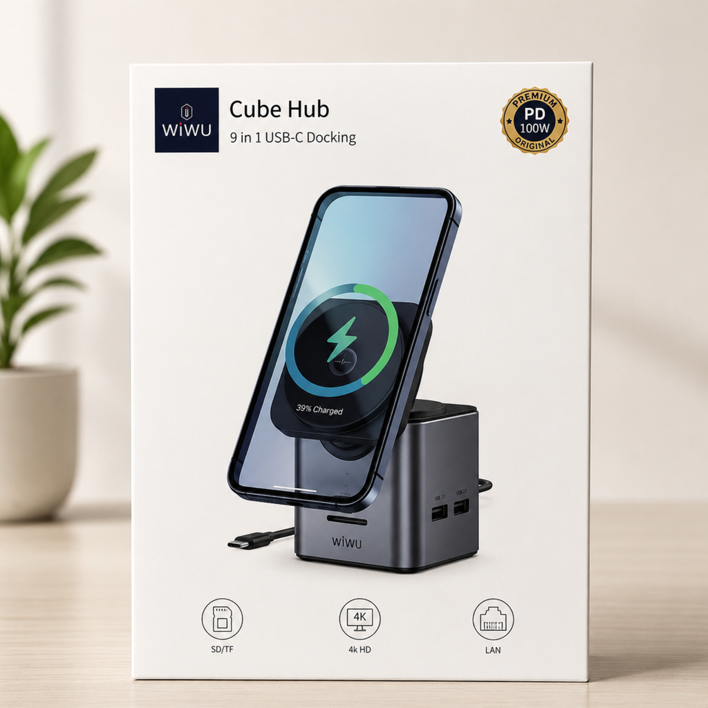 WiWU Cube Hub 9-in-1 USB-C Docking Station with Wireless Charging & 100W PD Fast Charging