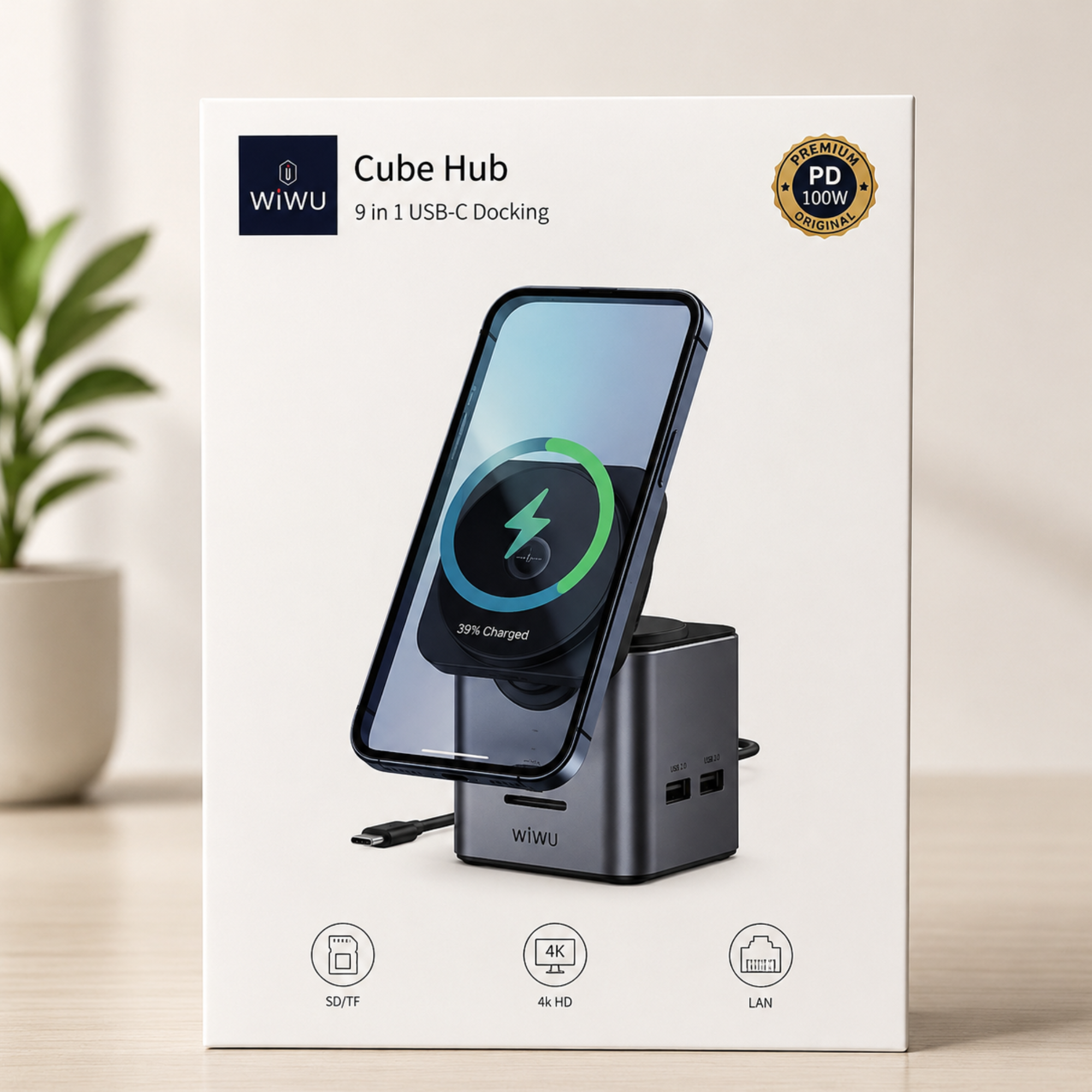 WiWU Cube Hub 9-in-1 USB-C Docking Station with Wireless Charging & 100W PD Fast Charging