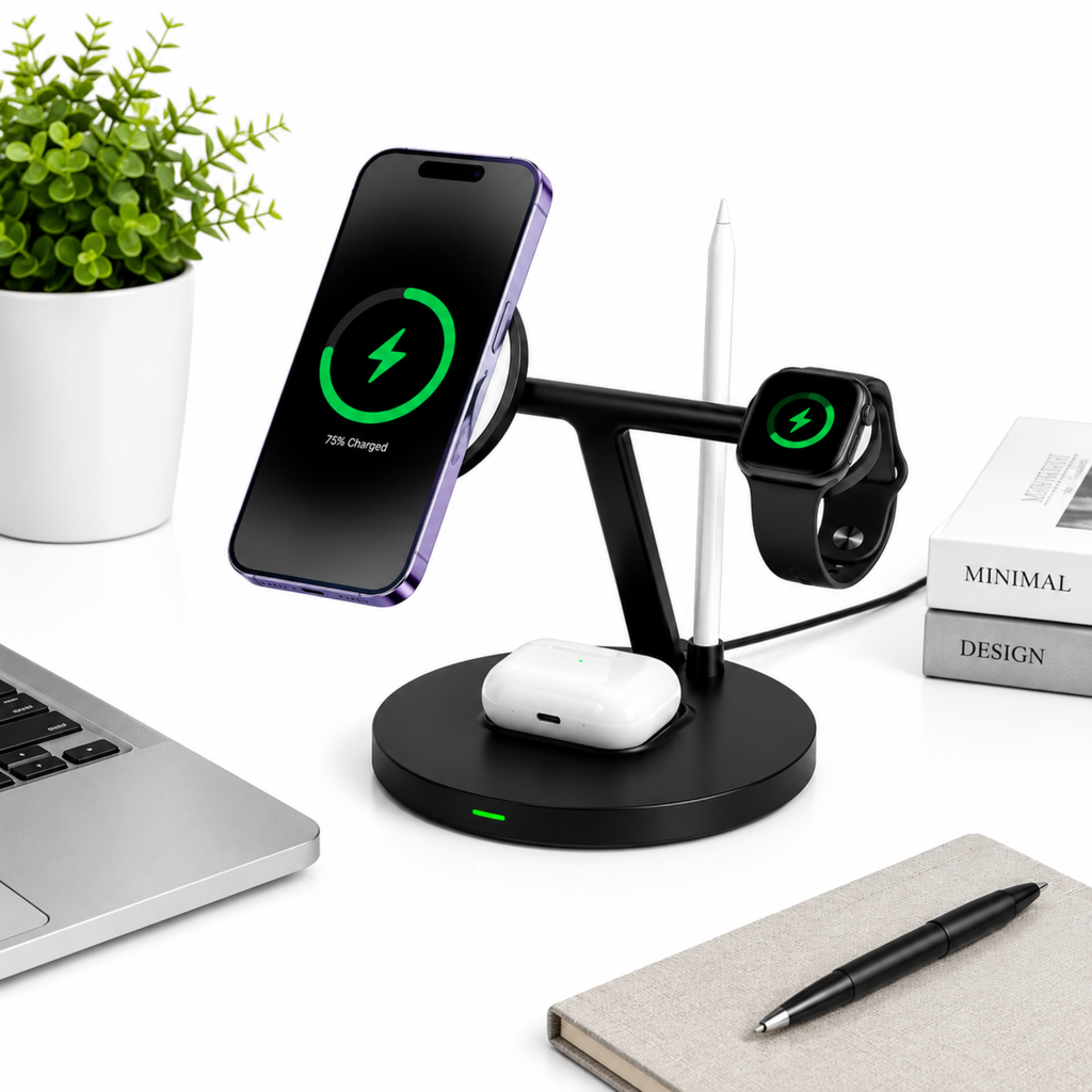 WiWU Magnetic 4-in-1 Wireless Charging Station – 15W Fast Charger for iPhone, Apple Watch, AirPods & Stylus