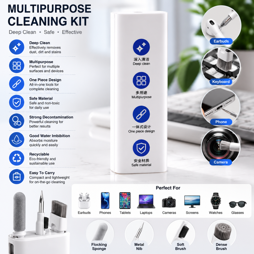 Multifunctional Electronics Cleaning Kit – 5-in-1 Cleaning Tool for Earbuds, Keyboards, Phones & Laptops