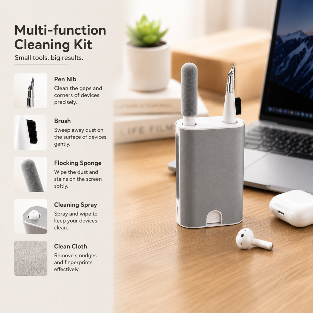 Multifunctional Electronics Cleaning Kit – 5-in-1 Cleaning Tool for Earbuds, Keyboards, Phones & Laptops