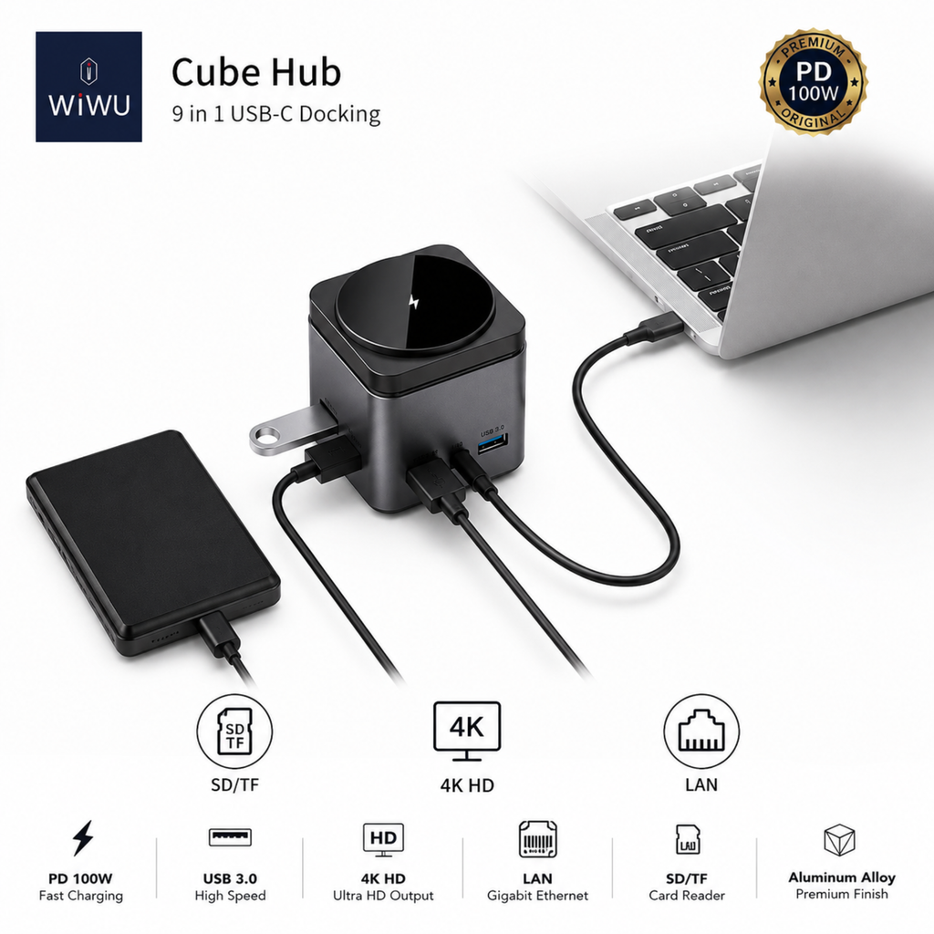 WiWU Cube Hub 9-in-1 USB-C Docking Station with Wireless Charging & 100W PD Fast Charging