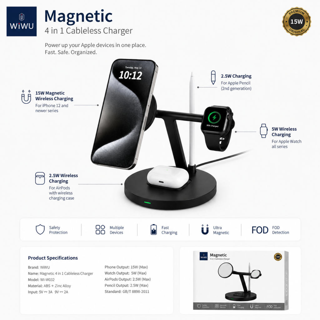 WiWU Magnetic 4-in-1 Wireless Charging Station – 15W Fast Charger for iPhone, Apple Watch, AirPods & Stylus