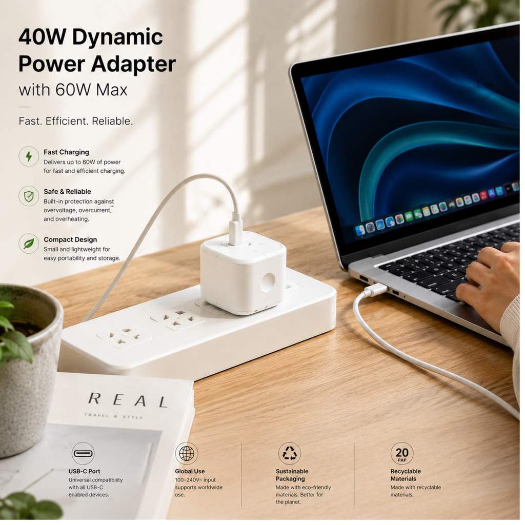 Apple 40W USB-C Dynamic Power Adapter | Fast Charging Power Brick (60W Max Output)