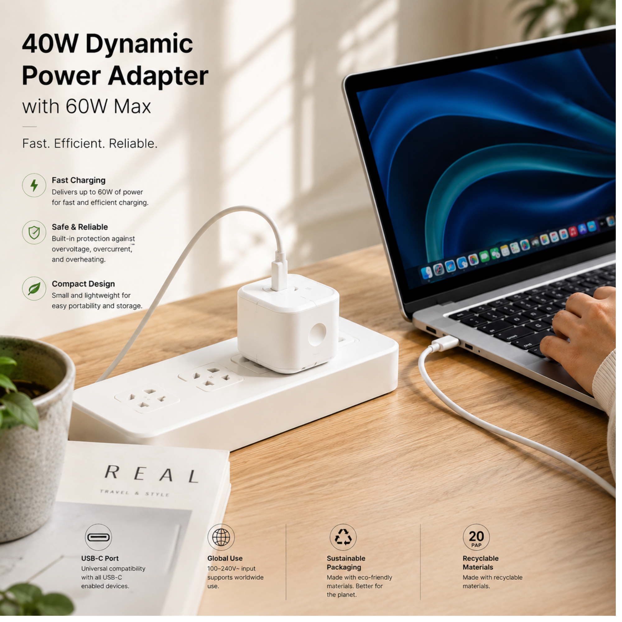Apple 40W USB-C Dynamic Power Adapter | Fast Charging Power Brick (60W Max Output)