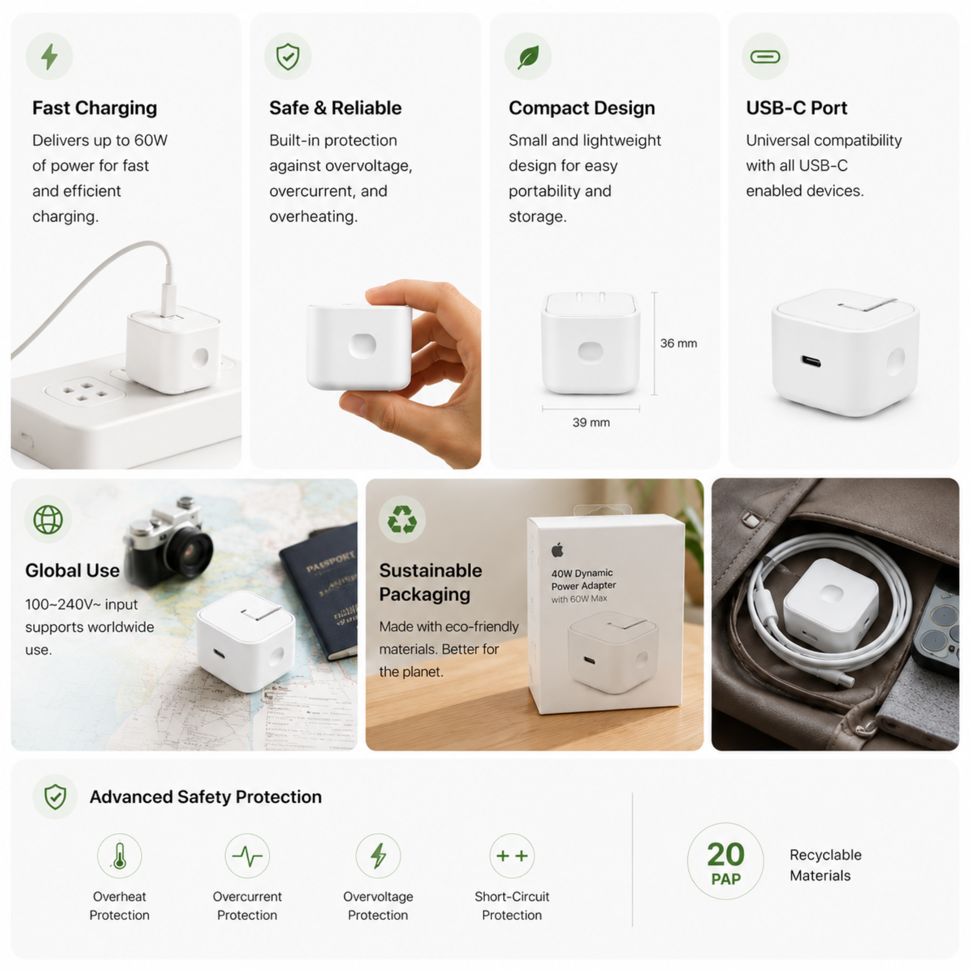 Apple 40W USB-C Dynamic Power Adapter | Fast Charging Power Brick (60W Max Output)