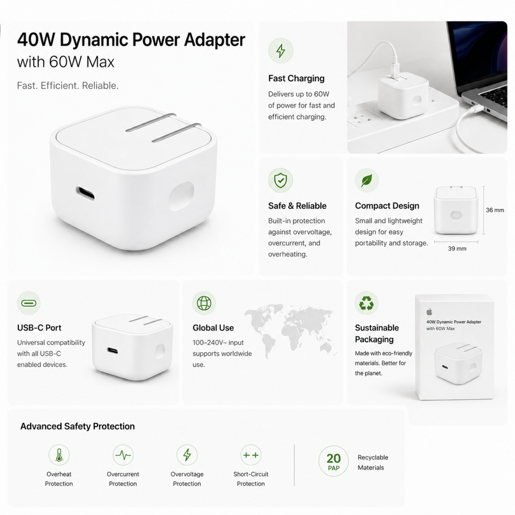 Apple 40W USB-C Dynamic Power Adapter | Fast Charging Power Brick (60W Max Output)