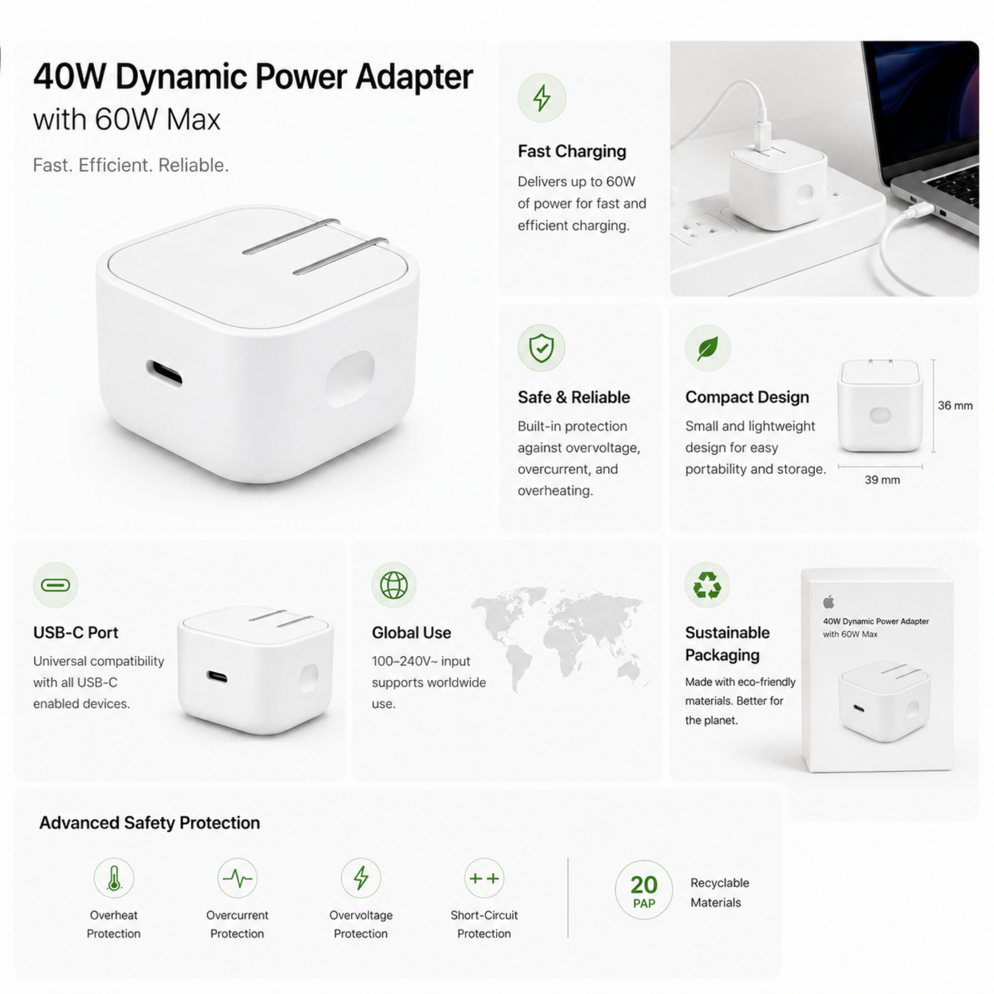 Apple 40W USB-C Dynamic Power Adapter | Fast Charging Power Brick (60W Max Output)