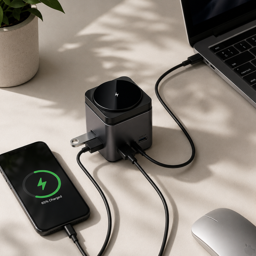 WiWU Cube Hub 9-in-1 USB-C Docking Station with Wireless Charging & 100W PD Fast Charging