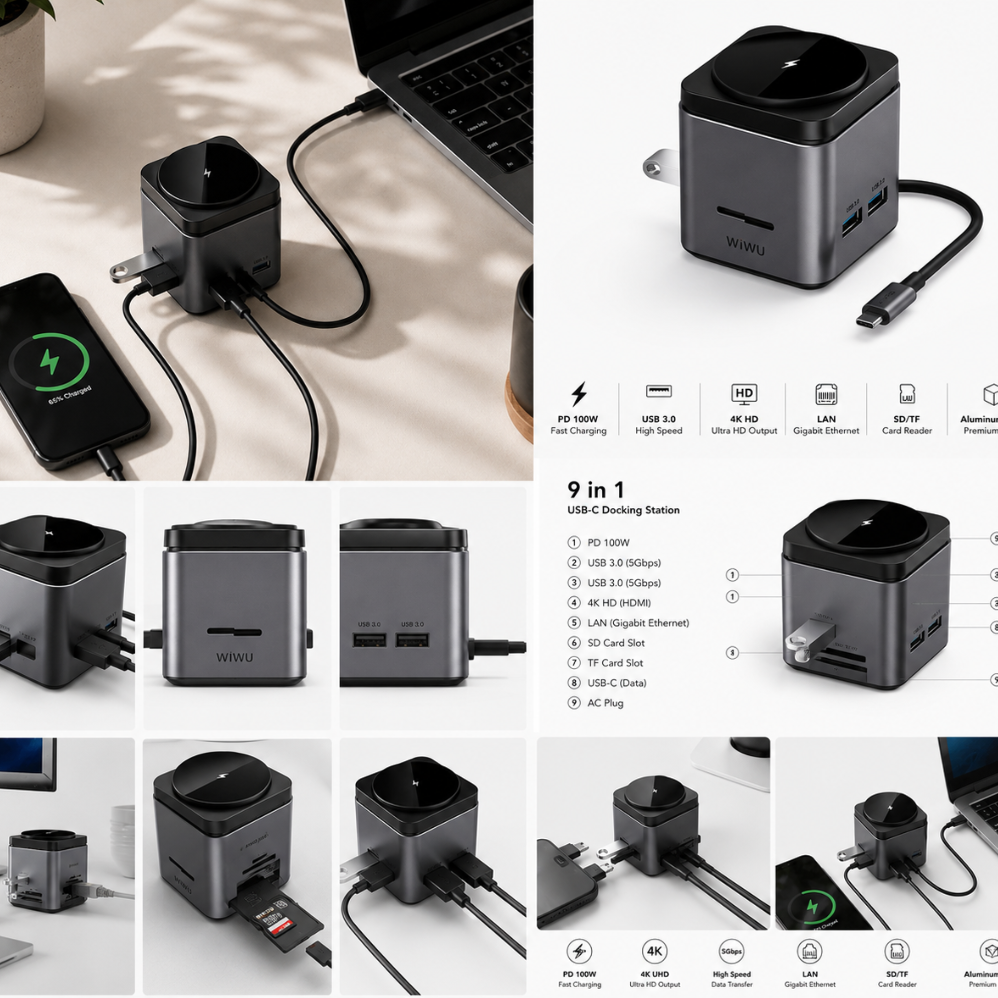 WiWU Cube Hub 9-in-1 USB-C Docking Station with Wireless Charging & 100W PD Fast Charging