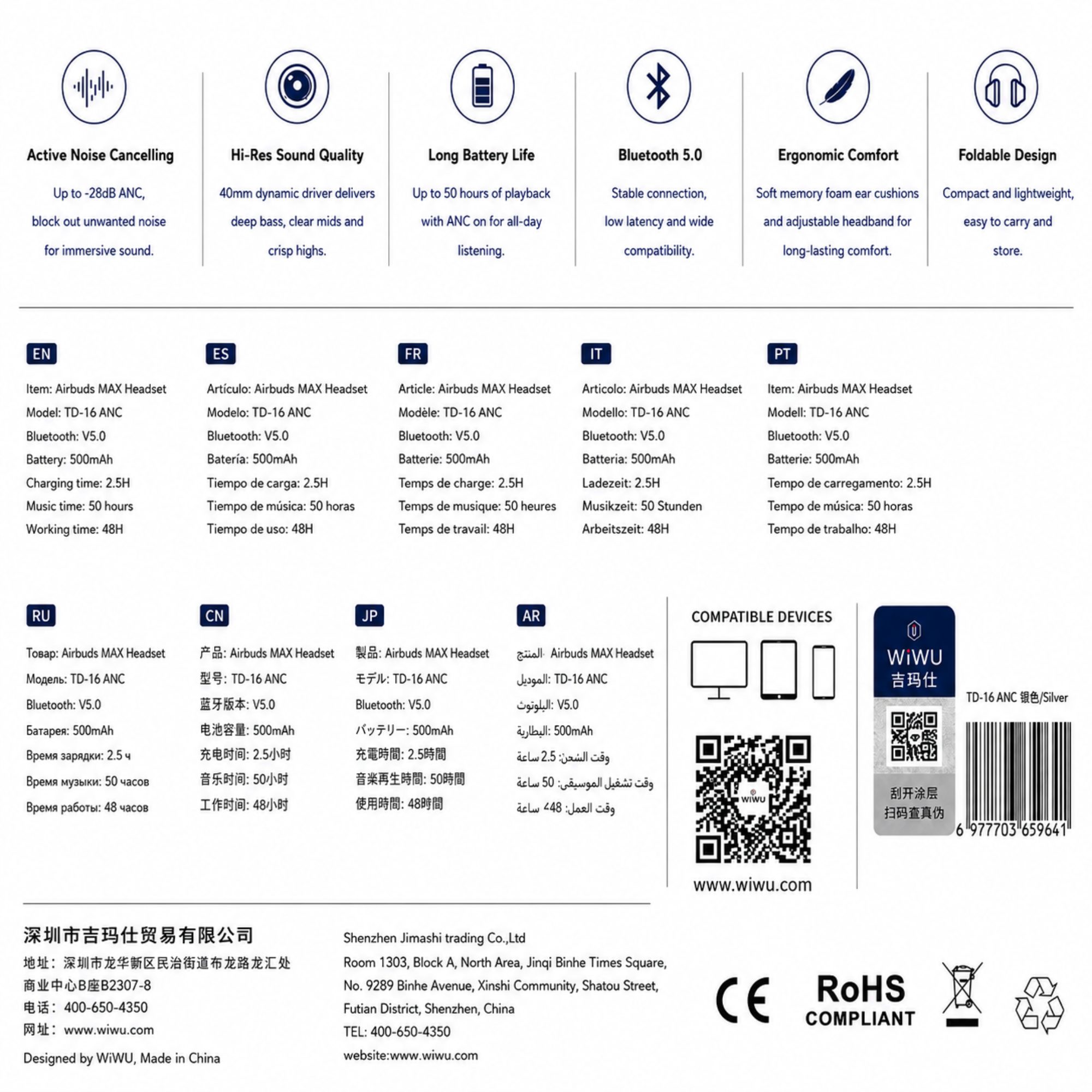 WiWU AirBuds MAX Wireless Headphones – ANC Noise Cancelling | Hi-Res Audio | Bluetooth 5.0 | 50-Hour Battery