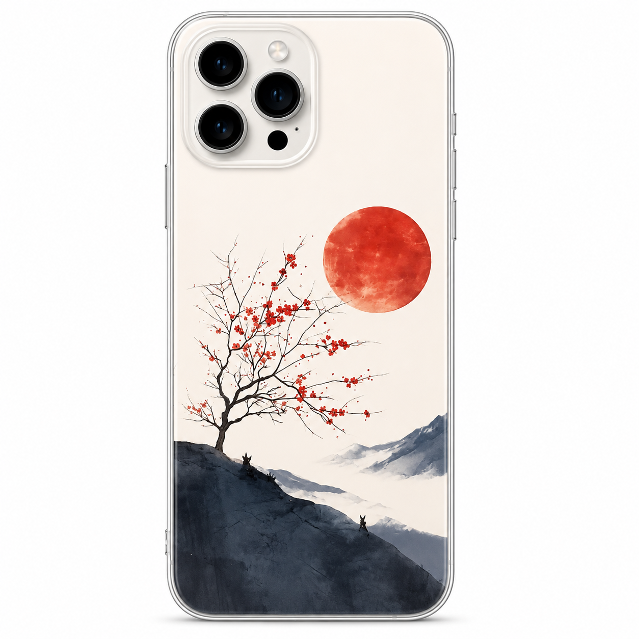 Red Moon Sakura Landscape Phone Sticker | Japanese Watercolor Mountain Vinyl Decal for Clear Cases