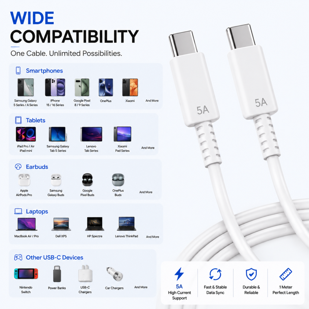 Samsung USB-C to USB-C Fast Charging Cable (1 Meter, 5A) – High-Speed Charging & Data Sync