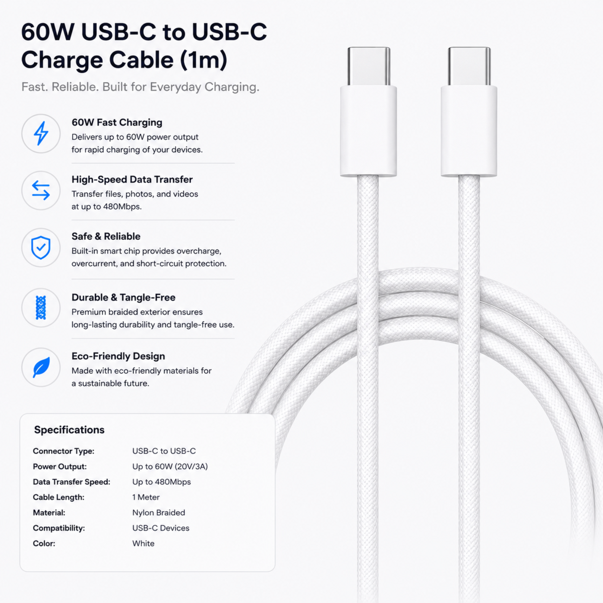 Apple USB-C to USB-C 60W Fast Charging Cable (1m) – High-Speed Charging & Data Transfer