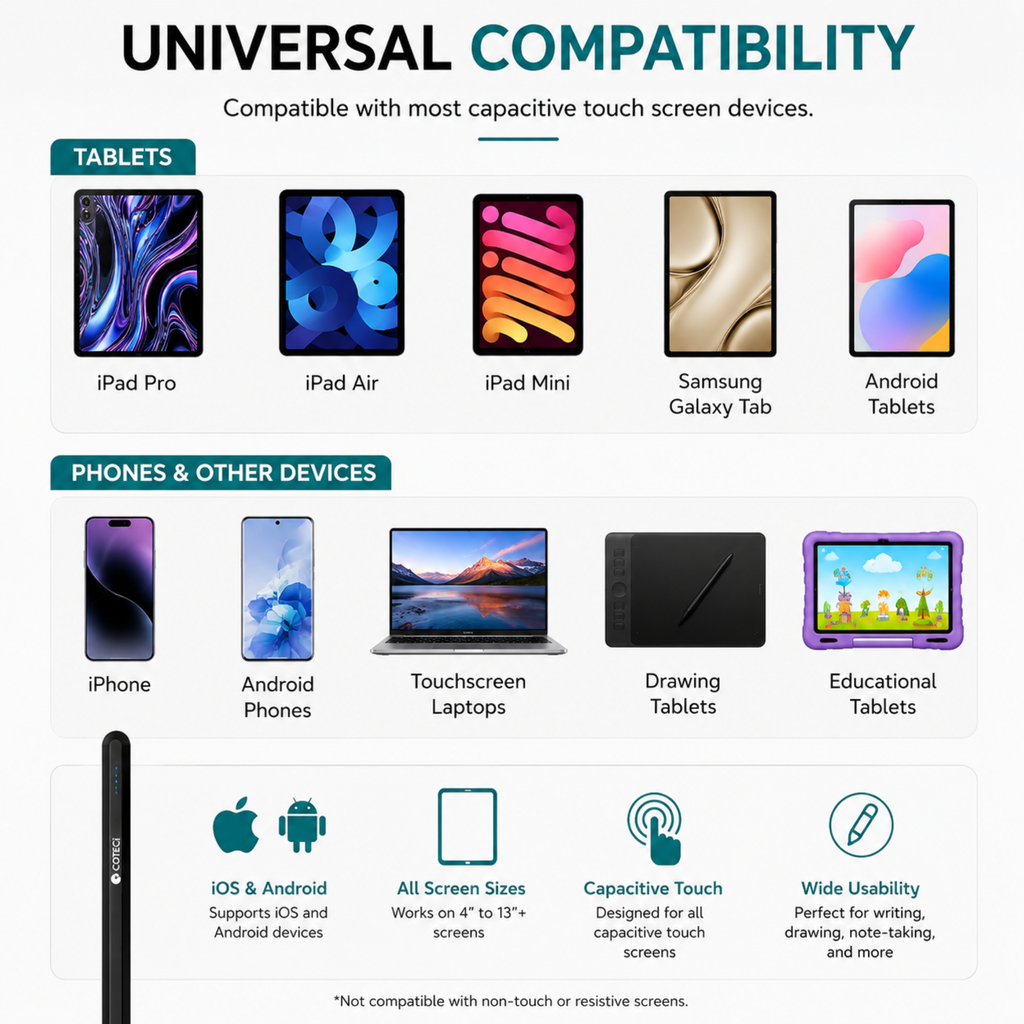 COTECi Universal Capacitive Stylus Pen for Tablets & Smartphones – Rechargeable Touch Screen Pencil