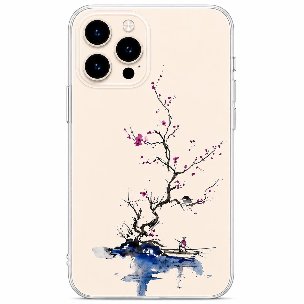 Japanese Plum Blossom Landscape Phone Sticker | Watercolor Sakura Tree Vinyl Decal for matte 3D