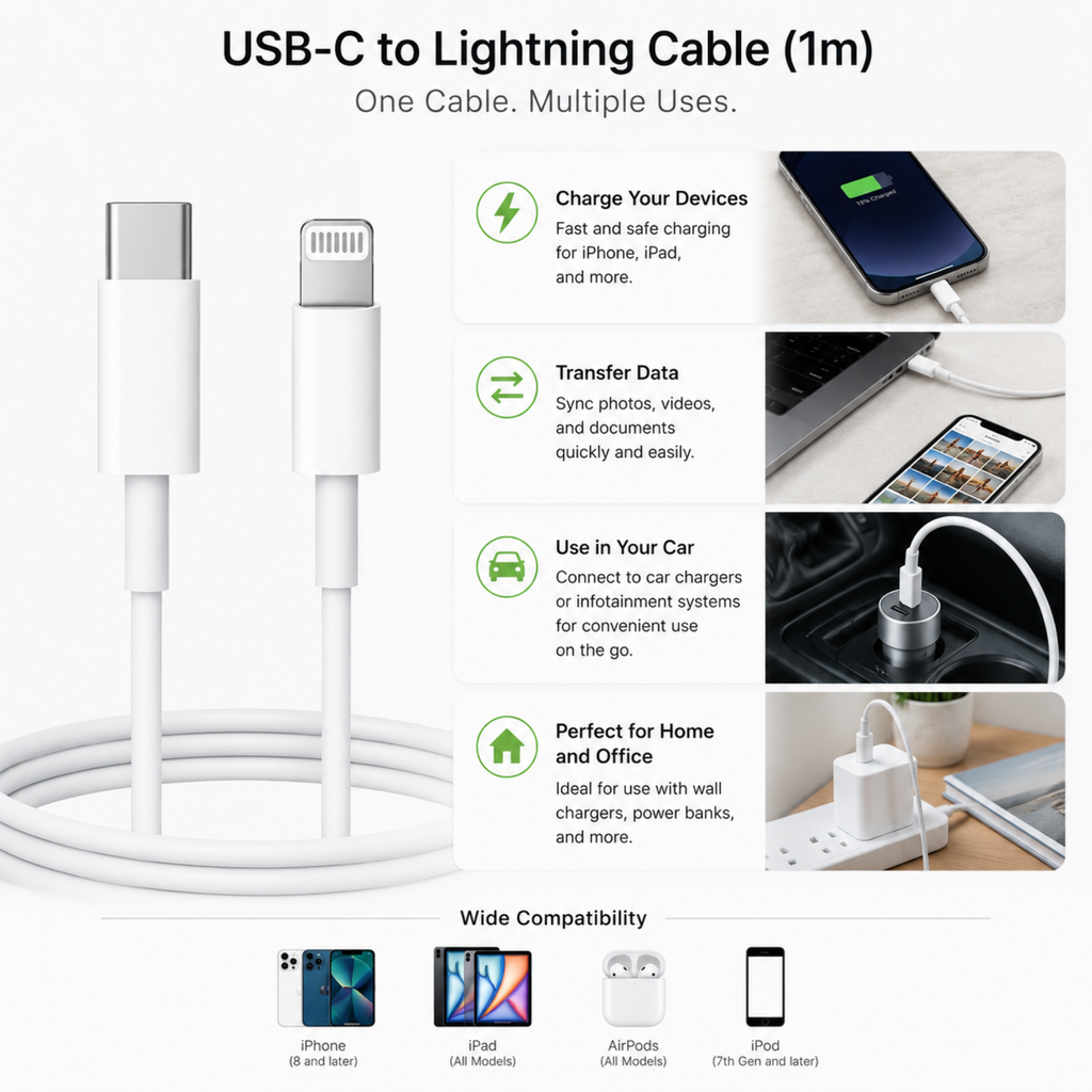 USB-C to Lightning Cable (1 Meter) – Fast Charging & Data Sync for iPhone (Master copy)