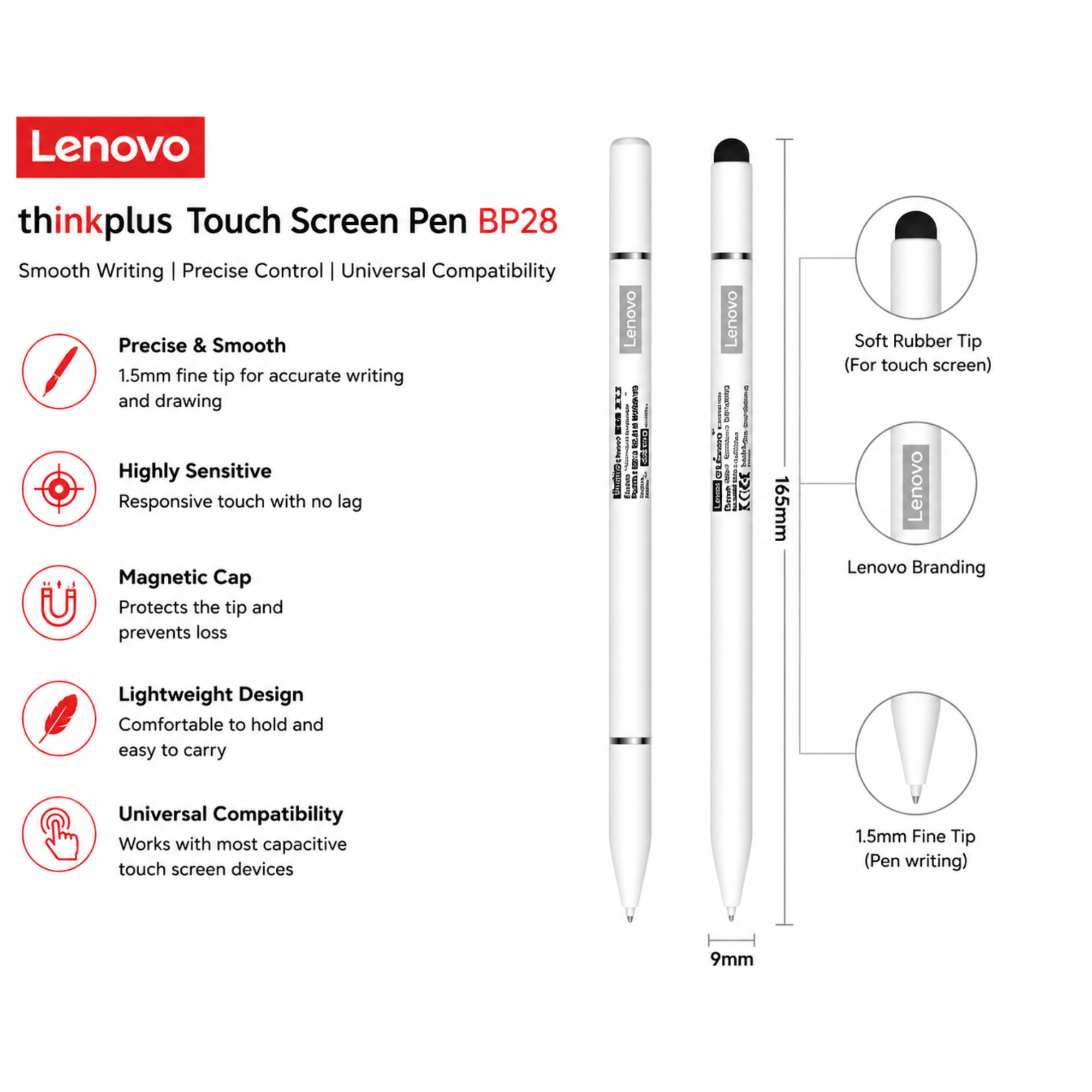Lenovo ThinkPlus Universal Stylus Pen – Rechargeable Touchscreen Pencil for Tablets & Smartphones