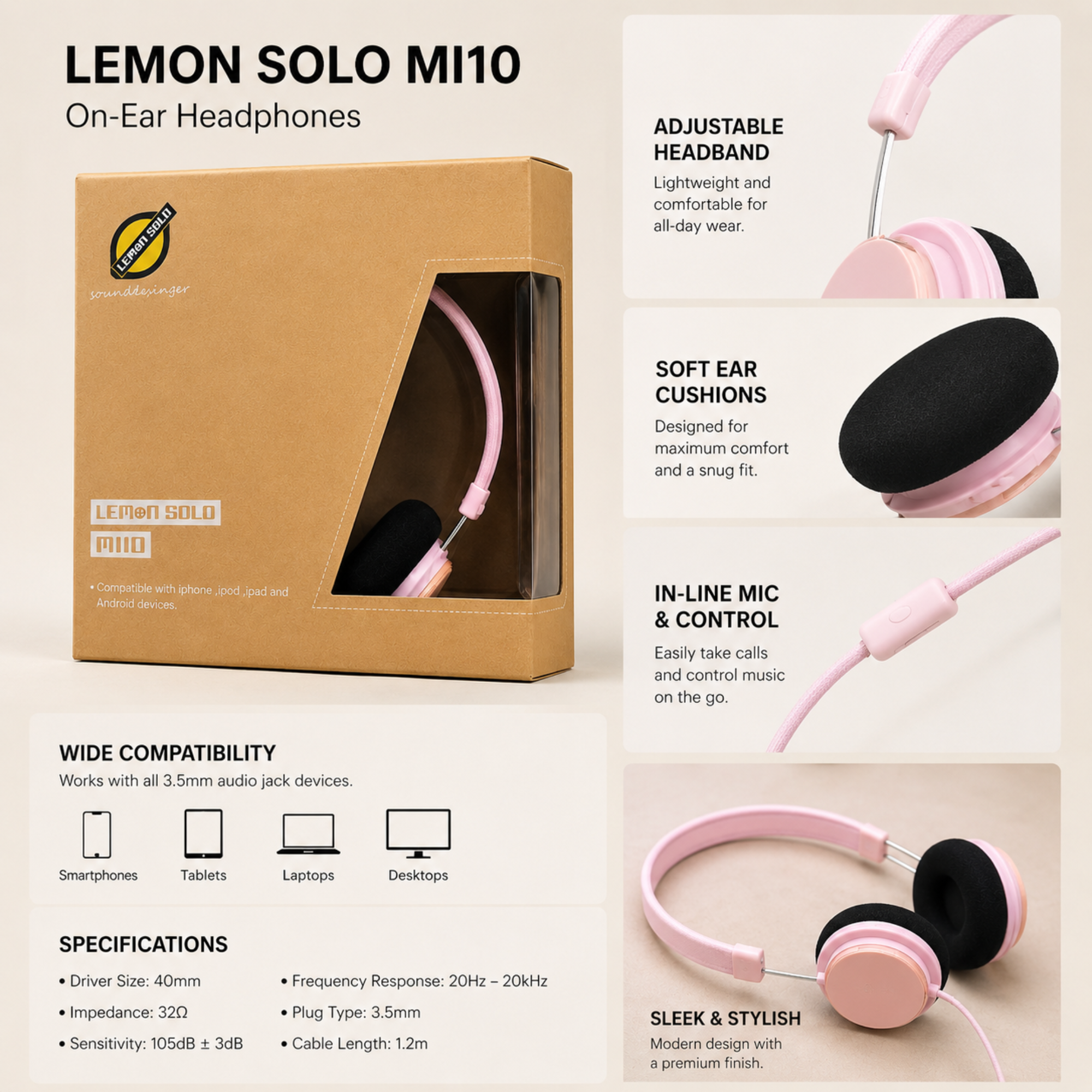 Lemon Solo M10 Wired On-Ear Headphones – Lightweight Stereo Sound Headset