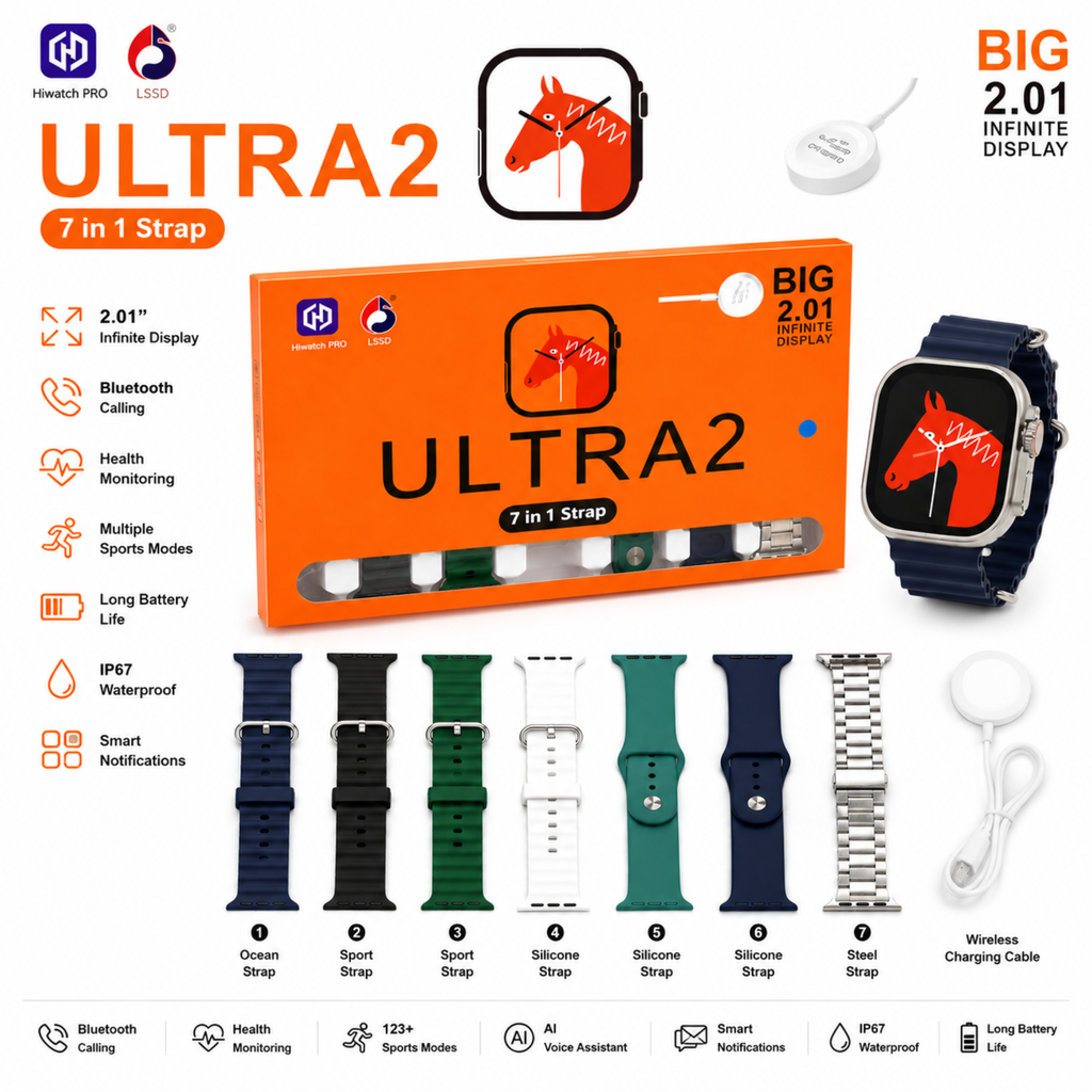 Ultra 2 Smart Watch with 7-in-1 Strap Set – 2.01" HD Display | Bluetooth Calling | Wireless Charging