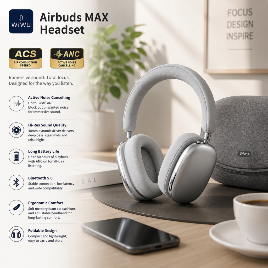 WiWU AirBuds MAX Wireless Headphones – ANC Noise Cancelling | Hi-Res Audio | Bluetooth 5.0 | 50-Hour Battery